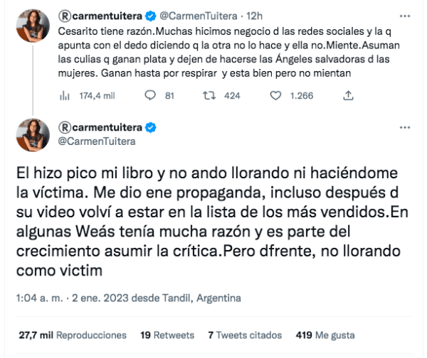 Carmen Tuitera &quot;le pega&quot; a Larraín en polémica con Cesarito.(Foto: Twitter)