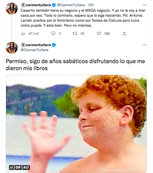 Carmen Tuitera &quot;le pega&quot; a Larraín en polémica con Cesarito.(Foto: Twitter)