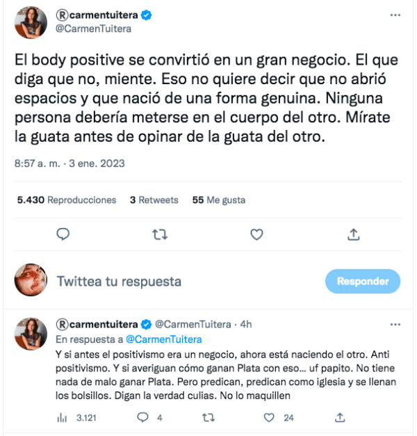 Carmen Tuitera no da tregua a Anto Larraín y vuelve a arremeter.(Foto: Twitter)