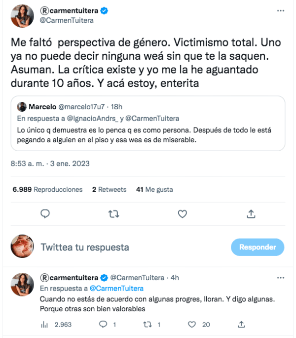 Carmen Tuitera no da tregua a Anto Larraín y vuelve a arremeter.(Foto: Twitter)