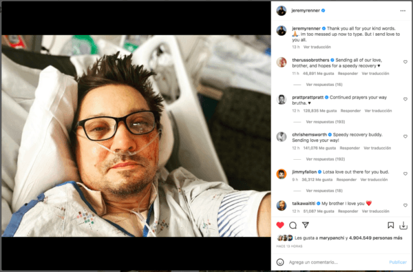 Jeremy Renner comparte impactante foto hospitalizado.(Foto: Instagram)
