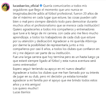 El mensaje de Lucas Barrios anunciando su retiro. Foto: Instagram