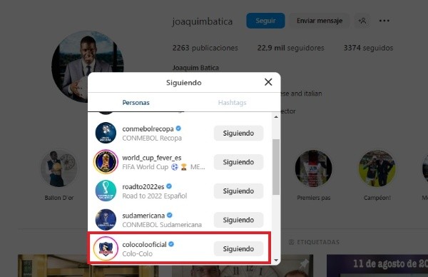 El perfil de Colo Colo ya está entre los seguidos por Joaquim Batica, el hombre detrás de la carrera de Joel Campbell. | Foto: Captura.