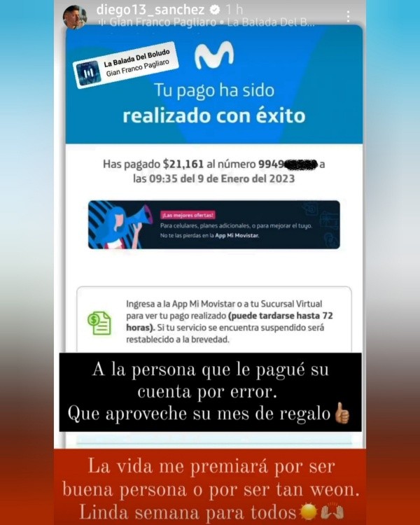 La cuenta que pagó el Mono Sánchez la mostró en sus redes