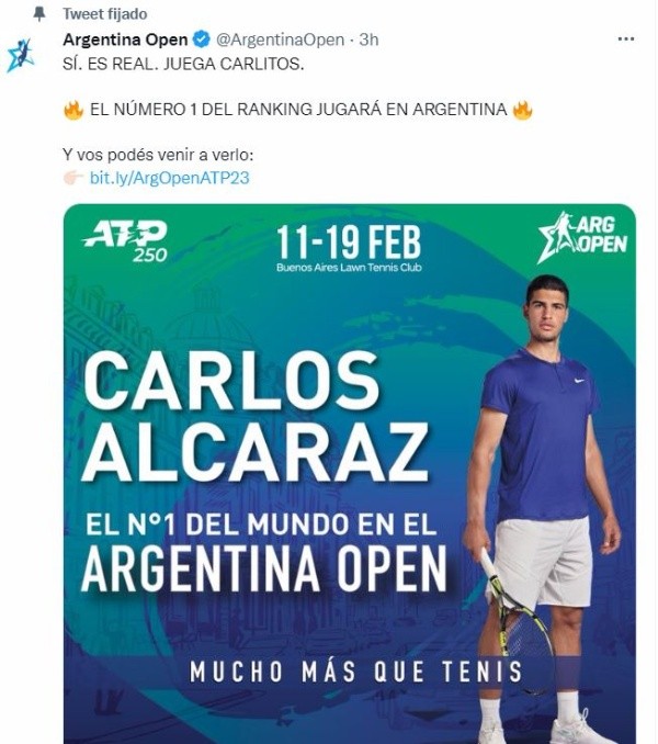 Carlos Alcaraz confirmado por la organización del Argentina Open (Twitter)