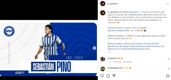 RC Sports Management anunció de este modo el fichaje de Sebastián Pino por el Deportivo Alavés de España. (Captura).