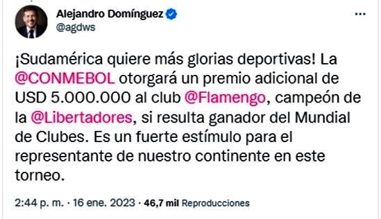 El anuncio que hizo el presidente de la Conmebol a través de Twitter.