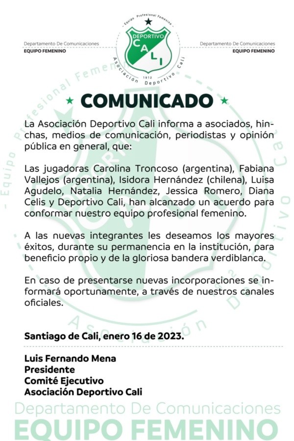El comunicado de los nuevos fichajes verdes. | Twitter Deportivo Cali