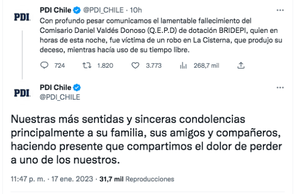 Muerte de PDI: “evidentemente no fue una encerrona”.(Foto: Twitter)