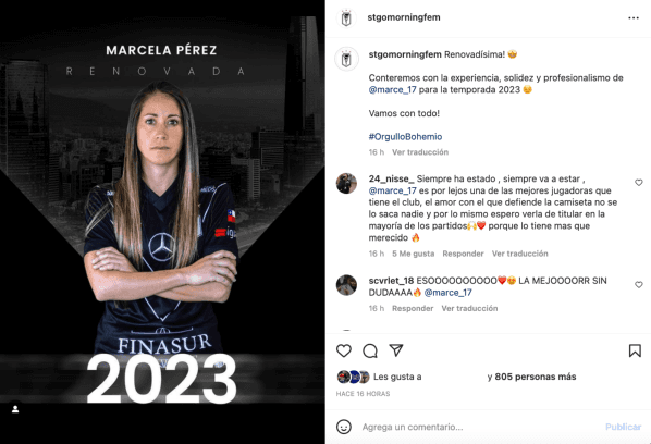 La confirmación de la permanencia de Marcela Pérez en el club. | Instagram Stgomorningfem