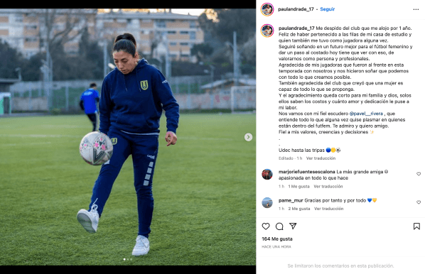Así confirmó su adiós de la UdeC Paula Andrade este jueves. | Instagram paulandrade_17