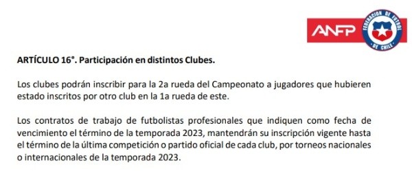El artículo 16 de las bases del Campeonato Nacional 2023. | Foto: Captura.