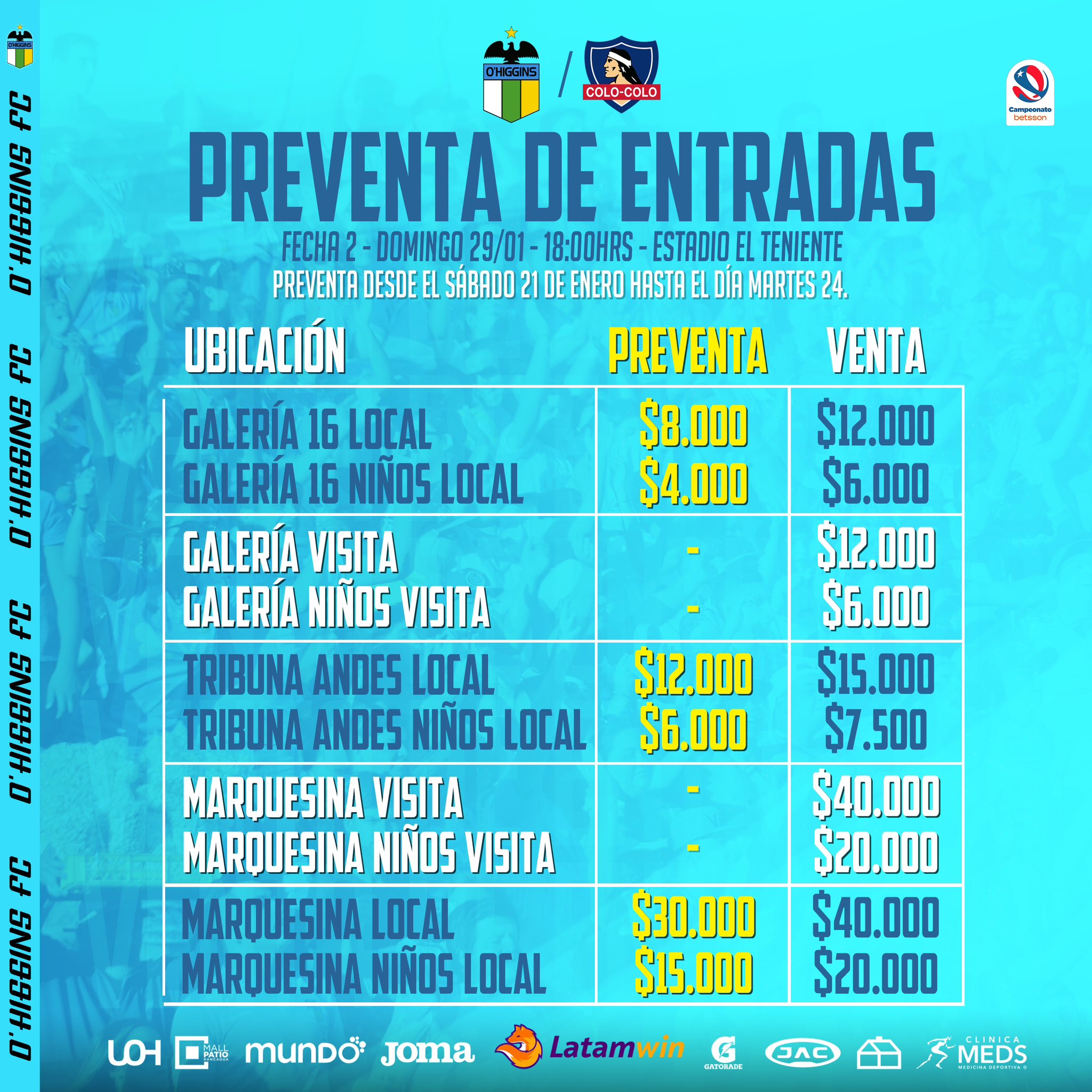 Precio de las entradas para el partido entre O’Higgins y Colo Colo en Rancagua.