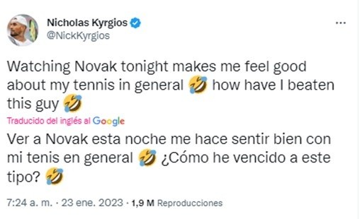 El tuit de Kyrgios dedicado a Djokovic. (Twitter)