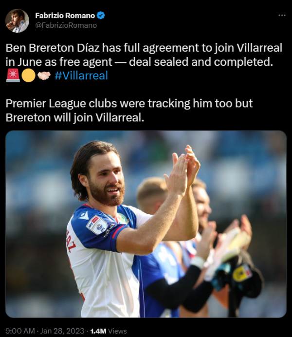 Fabrizio Romano confirma el fichaje de Ben Brereton en el Villarreal. (Captura).