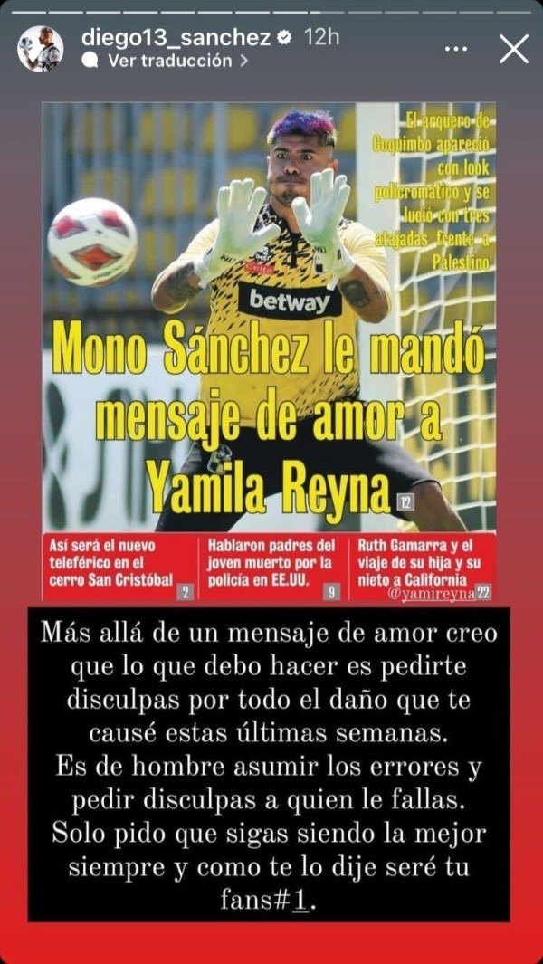 El mensaje de Mono Sánchez a Yamila Reyna en Instagram.