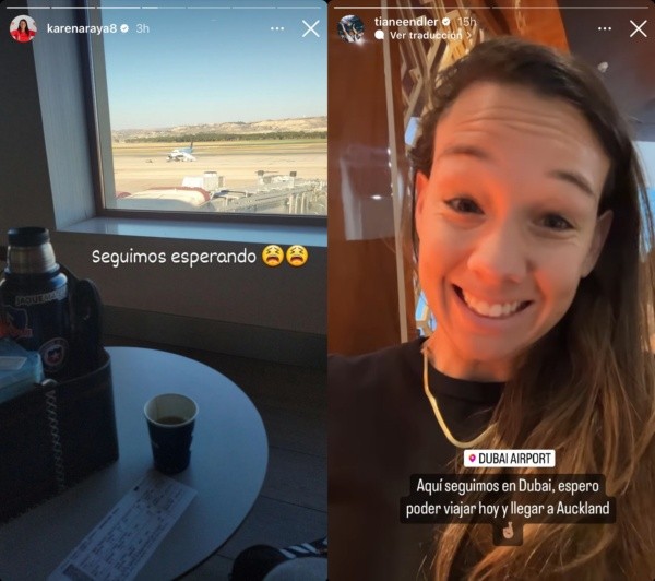 Araya y Endler compartieron en sus historias de Instagram la larga espera para llegar a Auckland. | Capturas