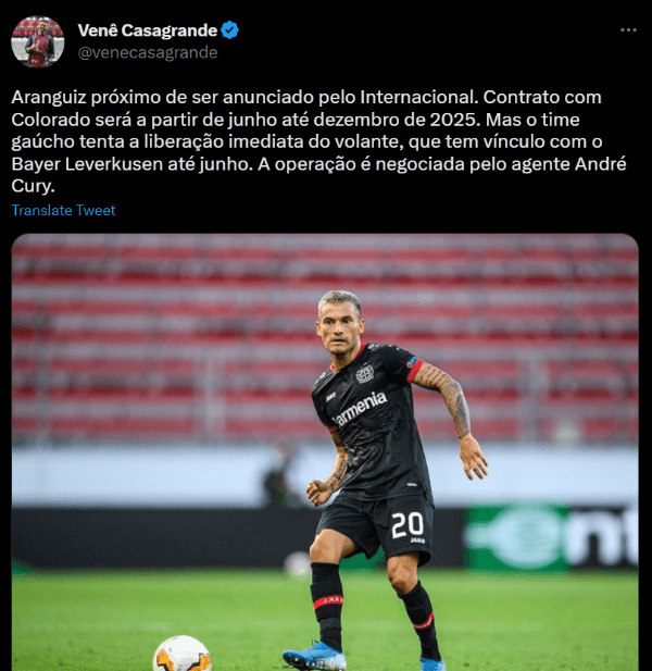Vané Casagrande da por hecho el acuerdo entre Charles Aránguiz y el Inter de Porto Alegre.