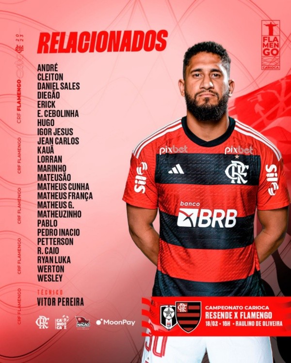 Los citados del Flamengo para este sábado. Arturo Vidal no está, pero sí Erick Pulgar. Foto: Comunicaciones Flamengo.