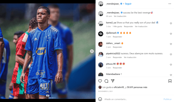Joao Mendes en su etapa con el Cruzeiro. (Captura Instagram).