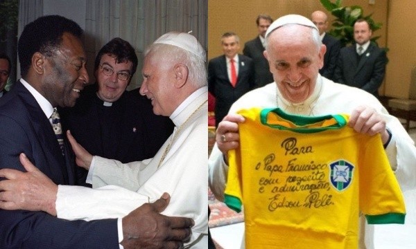 Pelé, en la primera foto junto a Benedicto XVI, le envió una camiseta firmada a Francisco.