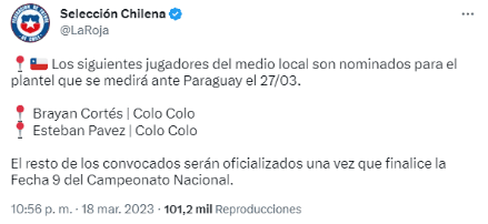 El comunicado de la Roja informando la convocatoria de ambos futbolistas. Foto: Twitter.