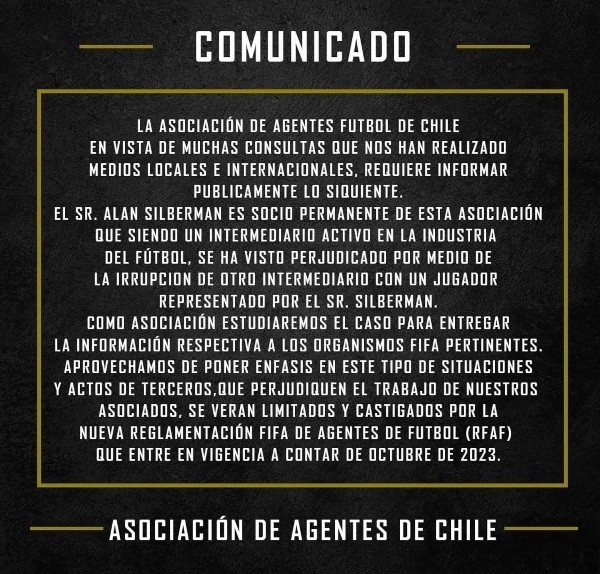 La declaración de la Asociación de Agentes de Chile.