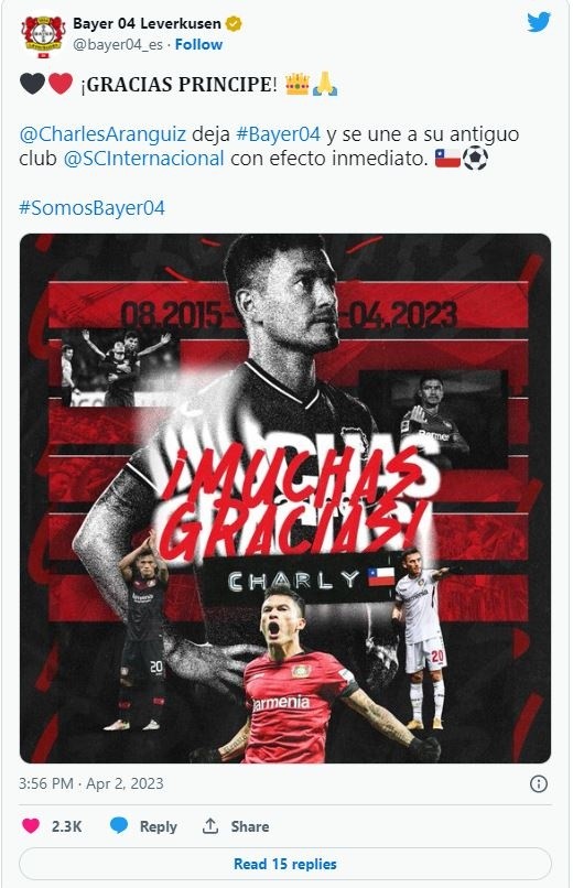 Charles Aránguiz se despide del Leverkusen (Twitter)