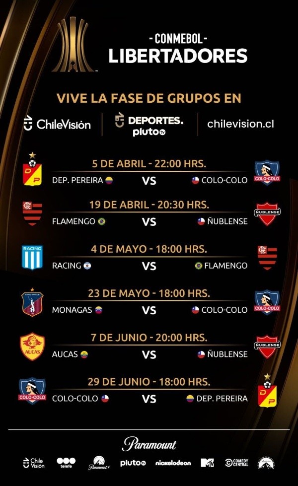 Los seis partidos de la Libertadores que irán por CHV.