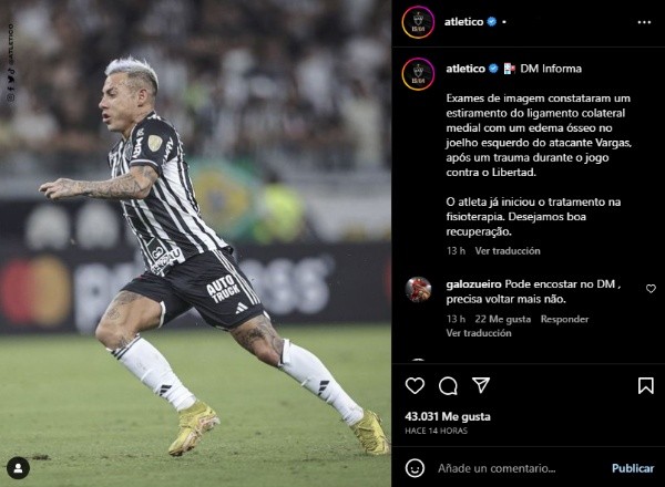 Atlético Mineiro y la lesión de Eduardo Vargas.