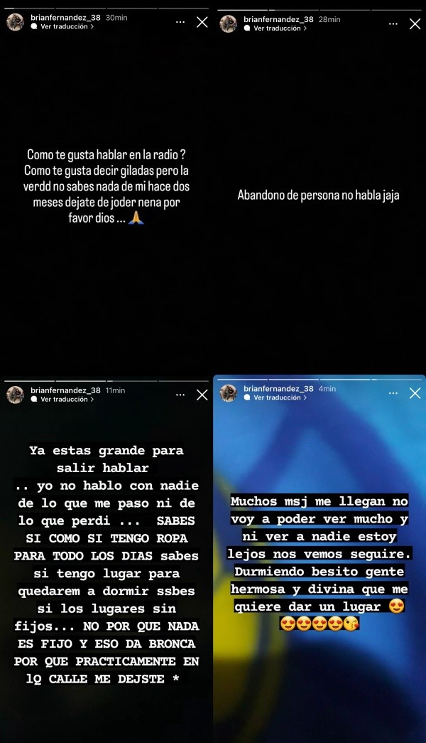 Los mensajes de Brian Fernández en Instagram.