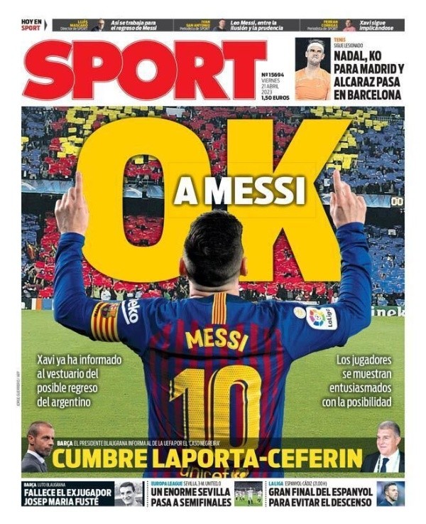 La portada del viernes en Sport.