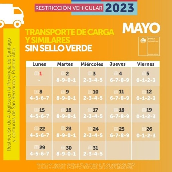 Calendario restricción vehicular para transporte de carga.