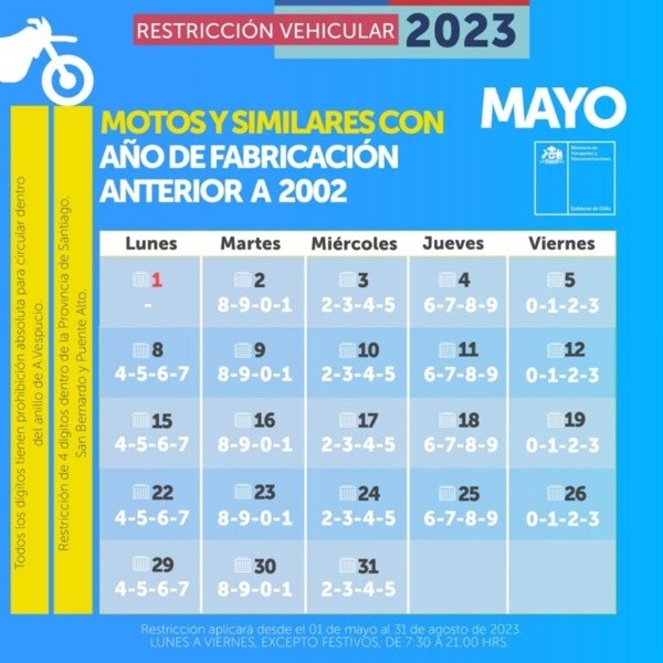 Calendario restricción vehicular para motos con fabricación anterior al 2002.