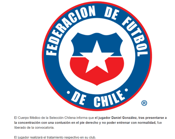 El comunicado de la Roja para informar la baja de Daniel González del microciclo de la selección chilena. (Captura).